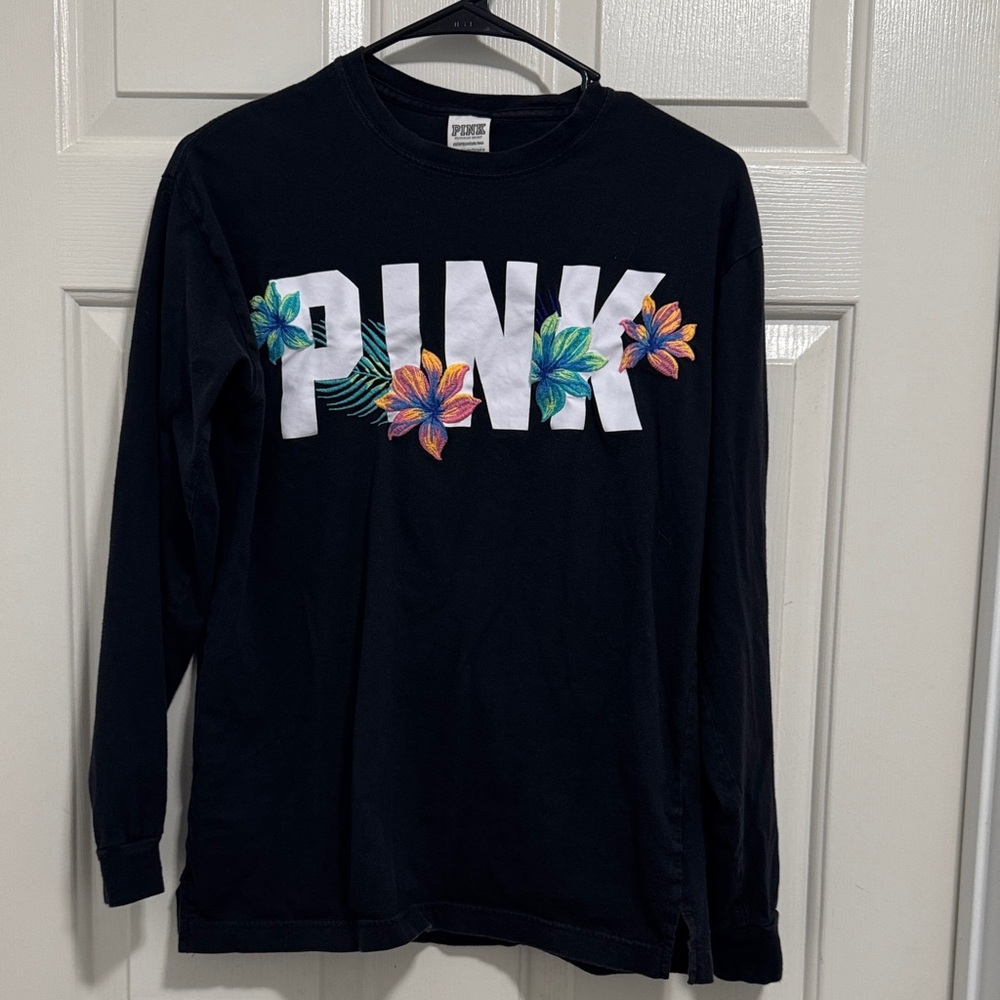PINK Victoria's Secret Black Long Sleeve Tee with Colorful Floral Design